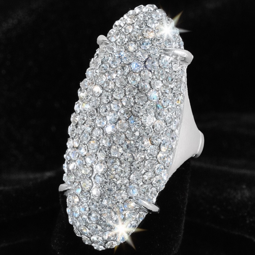 New Silver Crystal cz Pave Set Long Cocktail Statement ladies jewelry Bling Ring